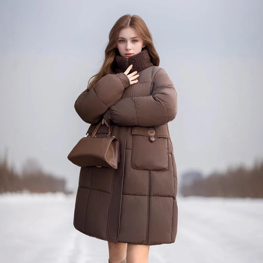 러플 여성용 겨울 파카 재킷 솔리드 빅 포켓 패치워크 루즈핏 여성용 퀼트 재킷 여성용 긴 다용도 코트