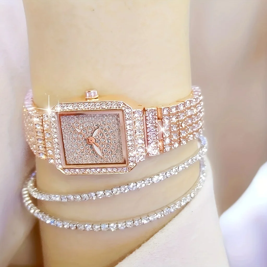 3pcs/set Ladies Watch Luxury Women Watch Crystal Rhinestone Watches Quartz Stainless Steel Strap Wristwatch Square Dial Wrist