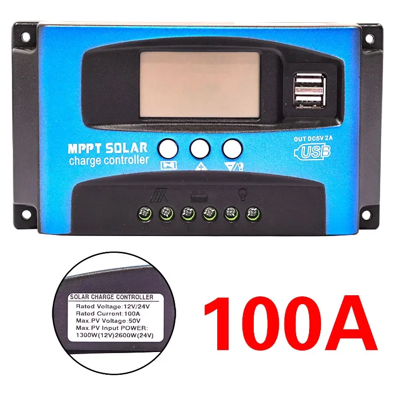 Контроллер заряда солнечной батареи 30/40/50/60/100A, с двойным USB ЖК-дисплеем, автоматический регулятор заряда солнечной панели 12 В 24 В с нагрузкой