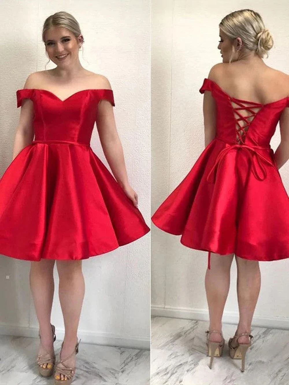 Off The Shoulder Satin Homecoming Dresses Sister Group Draped A Line Cocktail Party Prom Gown Graduation Vestido De Festa Curto