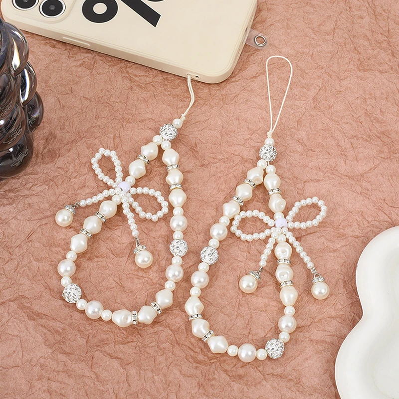 1Pcs Mobile Phone Chain DIY Handmade Pearl Bow Beads Phone Chain For Women Girls Charm Telephone Lanyard Hanging Rope Ornaments