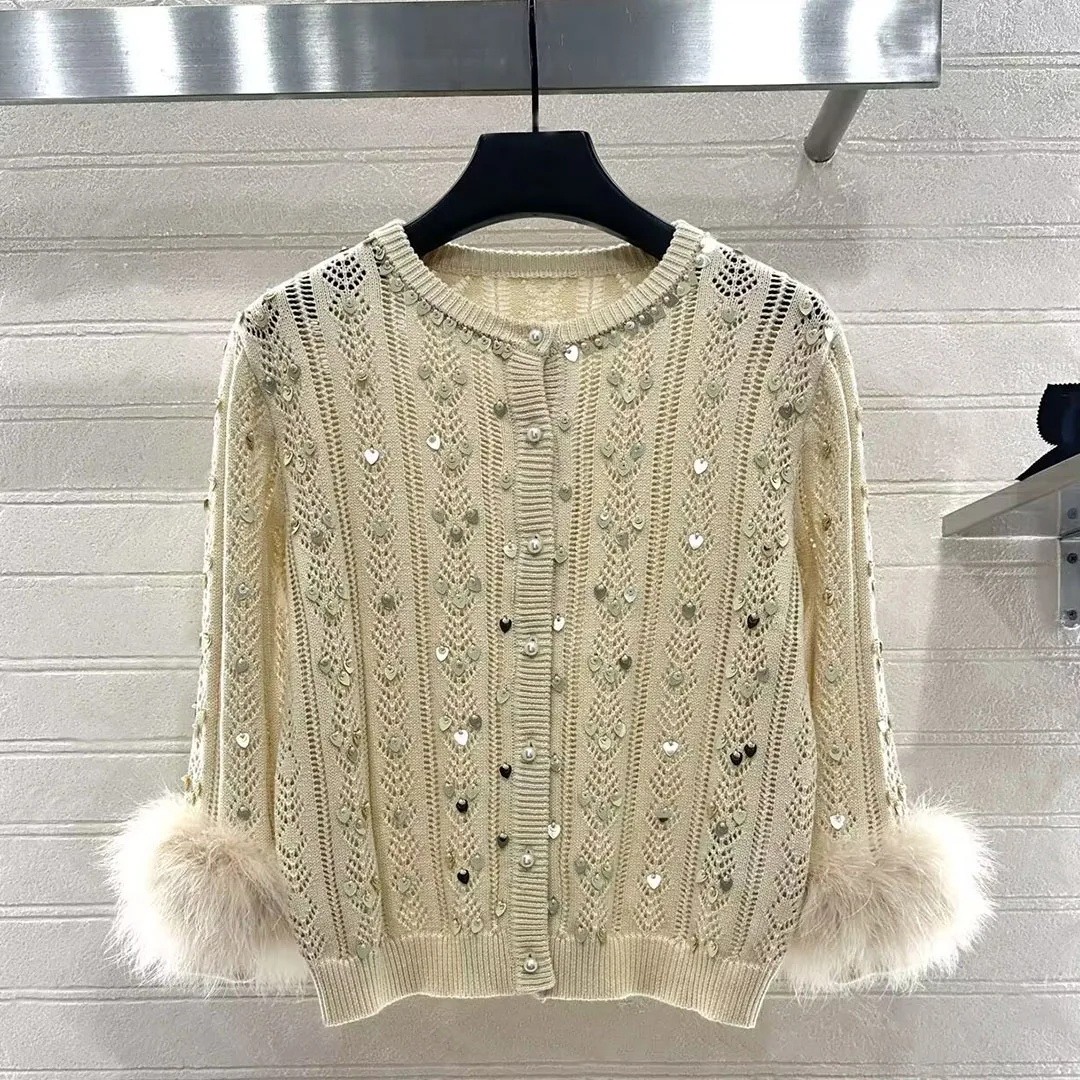 

Luxury Beading Sequins Embroidery Women Cotton Knitted Cardigans O-neck Feather Cuff Three Quarter Pearls Buttons Sweet Sweater