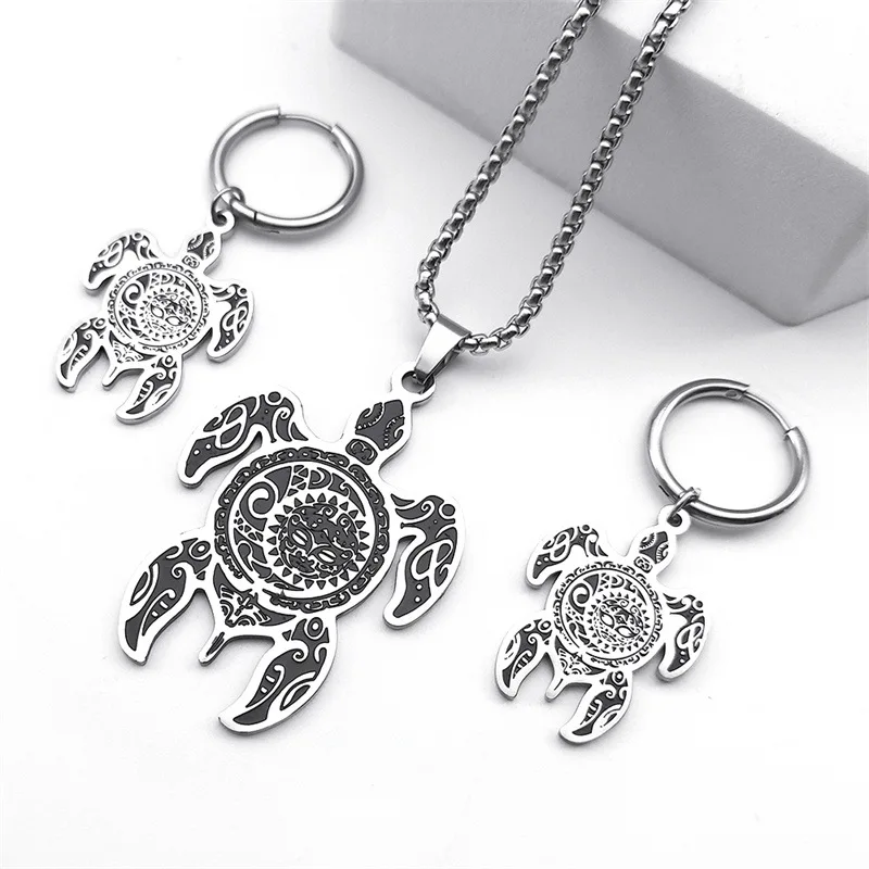 3PCS Silver-color Turtle Jewelry Set Longevity Turtle Pendant Necklace Hoop Earrings Set for Woman on Party Gift Accessories