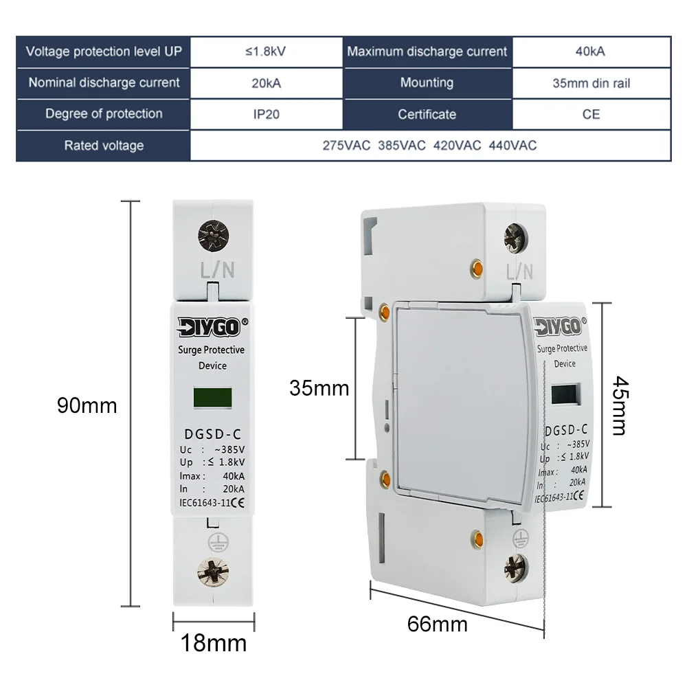 Din Rail 1P + N AC SPD حماية من البرق 10-20/20-40/30-60KA 385V حامي عرام المنزل جهاز صواعق الجهد المنخفض