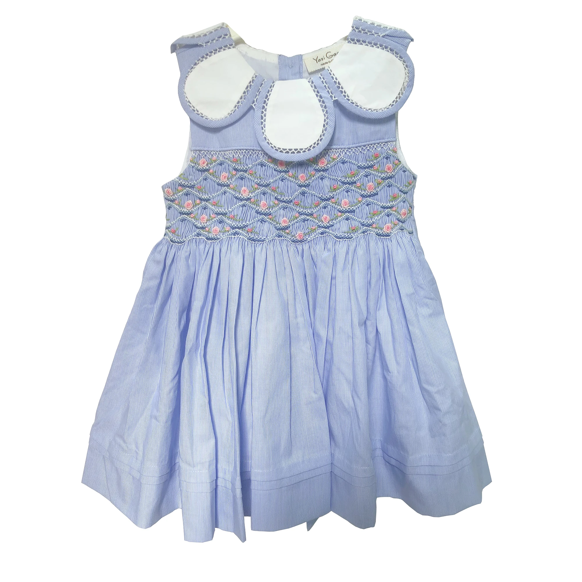 Handmade Flower Embroidered Dress Boutique Girls Children Clothing Blue Striped Petal Collar Cotton Sleeveless Princess Birthday