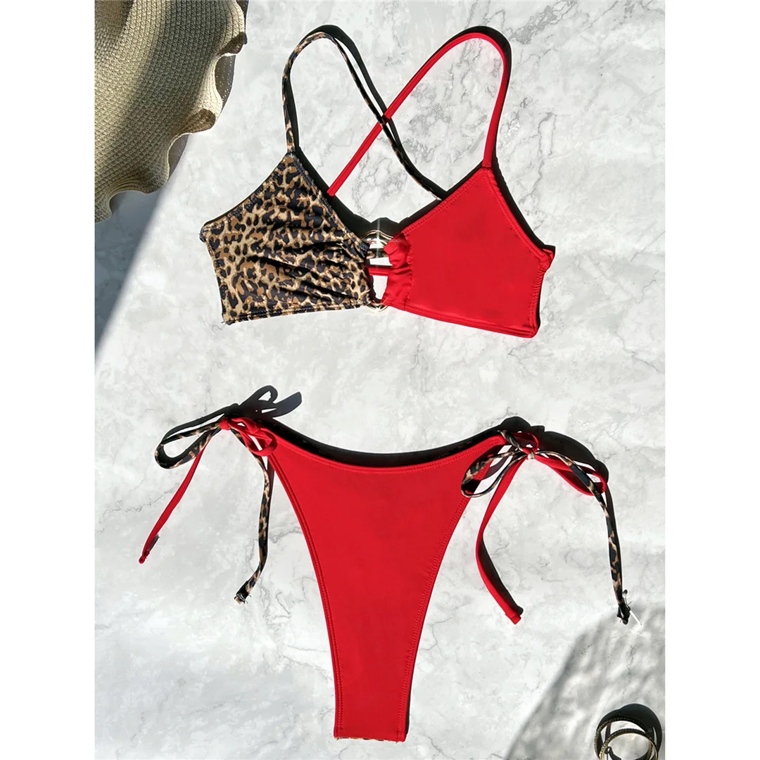 S - XL Leopardenmuster-Bikini, Damen-Badeanzug, zweiteiliges Bikini-Set, Badeanzug mit überkreuztem Rücken, Badebekleidung, Modell V7994. – Detail 5