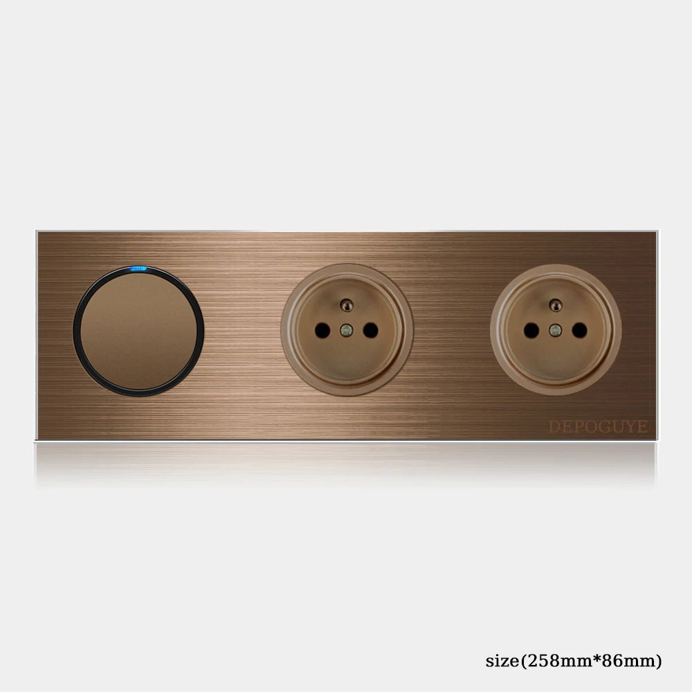 Hoge kwaliteit koffiekleur universele Retro Eu FR 220V wandlichtschakelaar, resetknopschakelaar stopcontact met LED-indicator