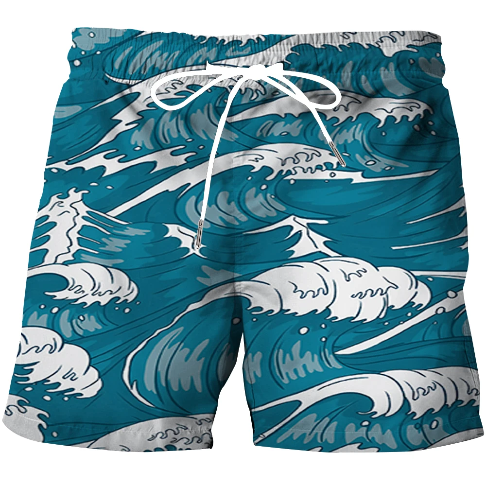 BHRIWRPY Plus Size Men\'s Sea Wave Graphic Print Shorts For Outdoor Sports Trendy Casual Board Shorts