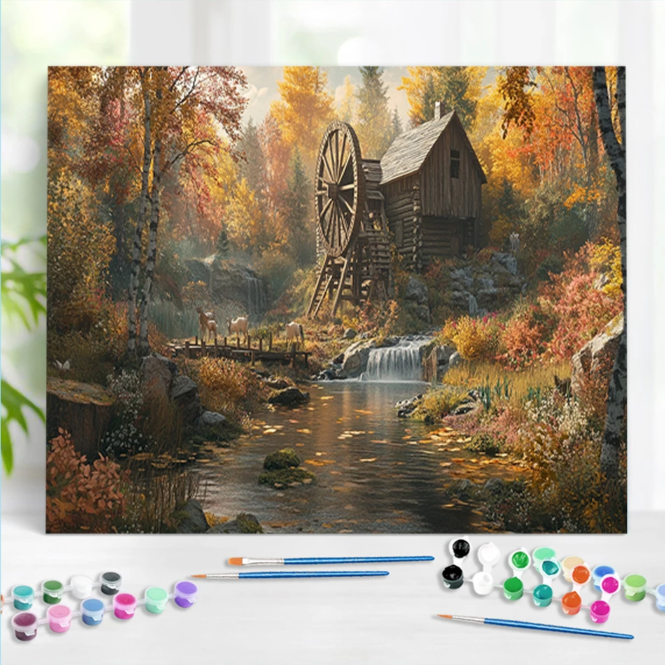 

RUOPOTY DIY Paint By Numbers Kit Autumn Cottage DIY Crafts Oil Picture On Canvas Oil Picture Drawing Coloring Decor For Home