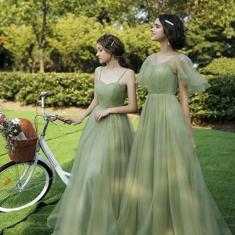 Elegant 4 Styles Green Tulle Bridesmaid Dress Floor Length Off Shoulder A-Line Gown Simple Solid Wedding Party Guest Vestido