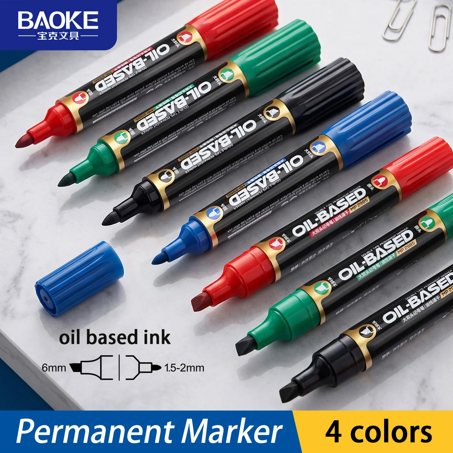 BAOKE MP2985 Dual Tip Permanent Marker Oil Based Black/Blue/Red/Green Ink Color for Multi-surface Marking Graffiti Stationery