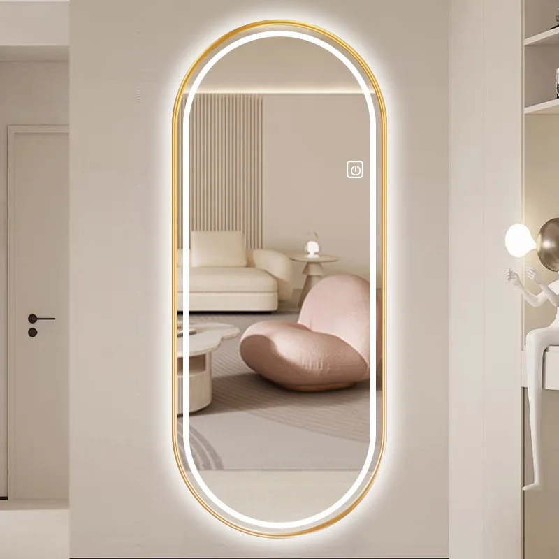 Specchio per tutto il corpo da 11,6 * 47 pollici Specchio per trucco con luce a LED intelligente Specchio lungo luminoso con struttura in metallo appeso alla parete