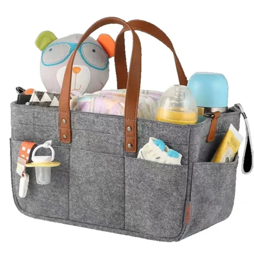 

Baby Felt Storage Nursery Organizer Basket Infant Diaper Bag with Handle Caddy Changing Nappy Kids Storage Carrier Large Pocket