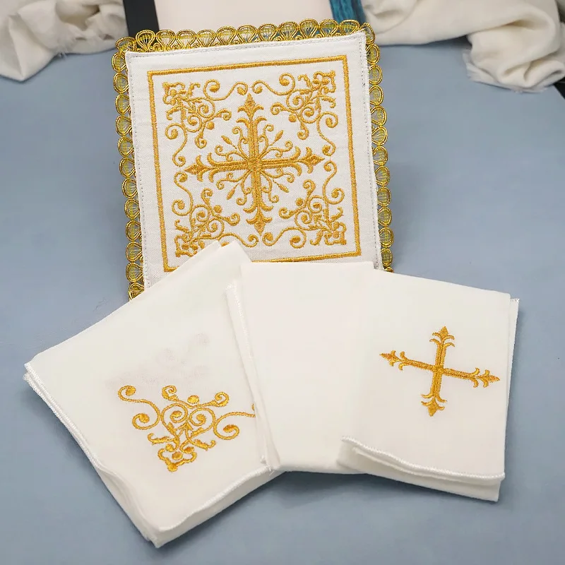 4 Pack of Altar Supplies Church Altar Embroidered  Pall Corporal Purificator Hand Towel Catholic Church Communion Supplies