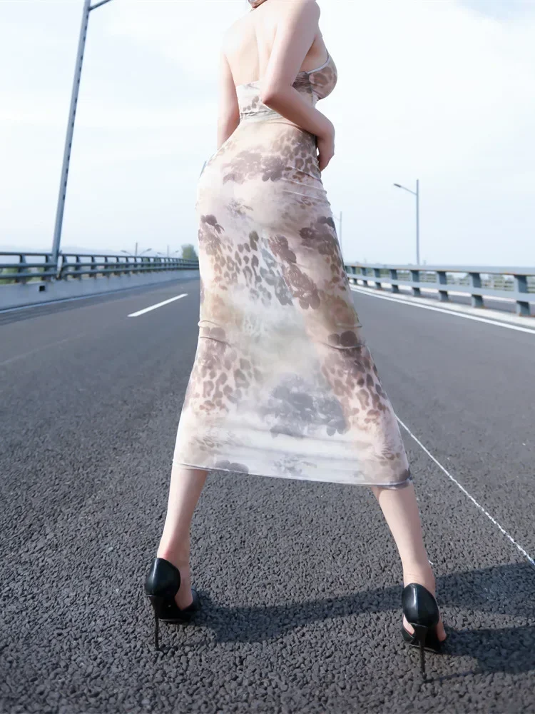 Tie-Dyeตาข่ายลูกไม้Sheerชุดบางโปร่งใสVคอร้อนเซ็กซี่พิมพ์ตาข่ายบุคลิกภาพชุดยาวElegantผู้หญิง