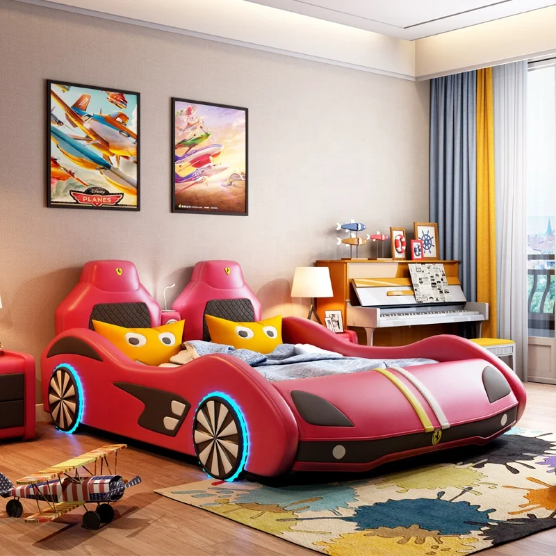 Cama para carro infantil de desenho único, couro de madeira maciça criativa, cama para carro esportivo multifuncional para menino e menina