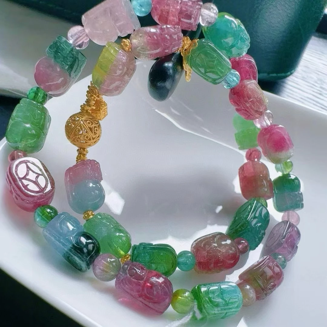 Natural Colorful Tourmaline Pi Xiu Clear Beads Bracelet 10.8/7.4/6.8mm  Brazil Green Red Watermelon Tourmaline Women Men AAAAAAA