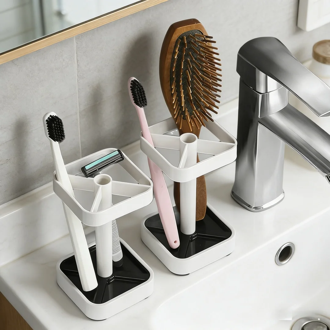 Toothbrush Holder Stand with Tooth Brush Cups/Cover, Toothpaste Holder Stand with 3Slots，Dental Storage Organizer Holder Stand