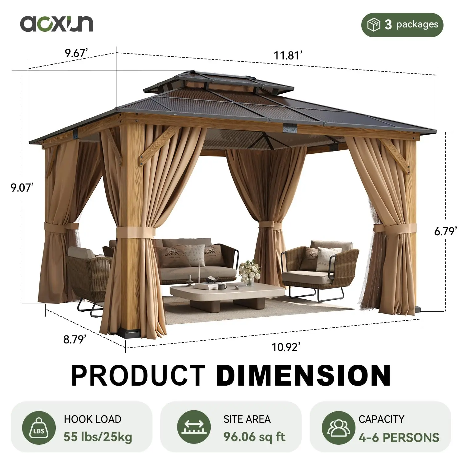 12x12 FT Wooden Gazebo with Double Polycarbonate Roof, Cedar Wood Pavilion with Mosquito Netting and Privacy Curtains