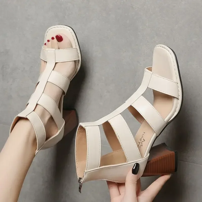 Thick Heel Leather Sandals for Woman Sexy Women\'s Shoes Outdoor Zip Office Work Footwear High Heels Summer 2025 Open Toe Black F