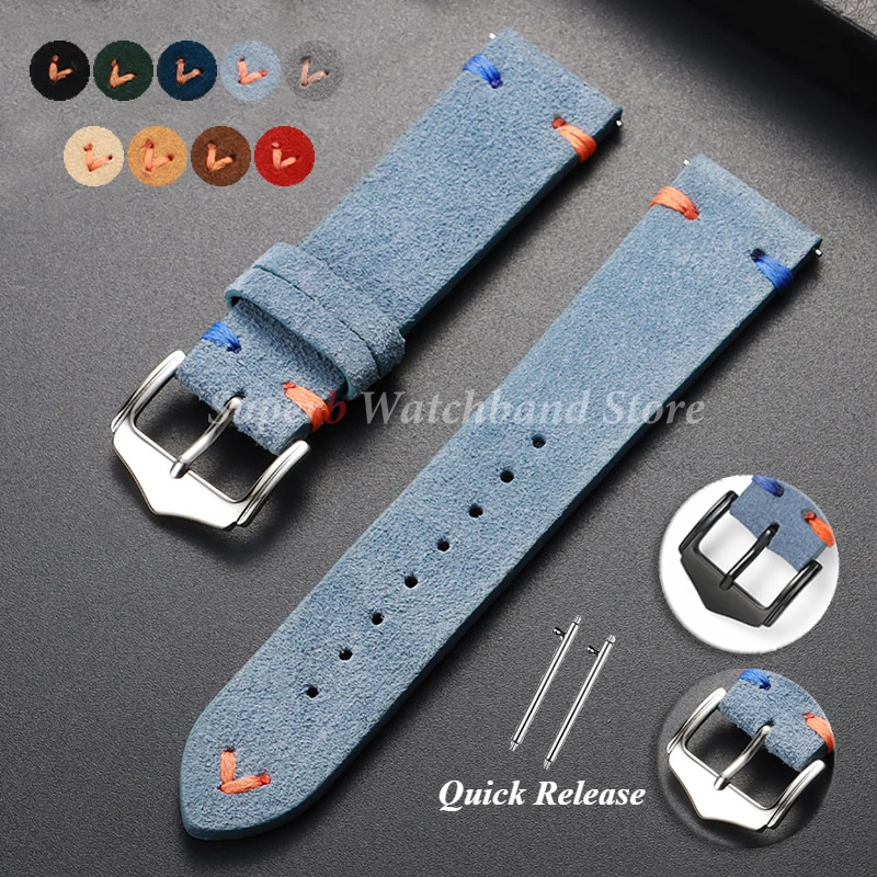 Suede Leather Watch Strap 18mm 20mm 22mm Vintage Band Soft Replacement Wristband Handmade Stitching Watchband Universal