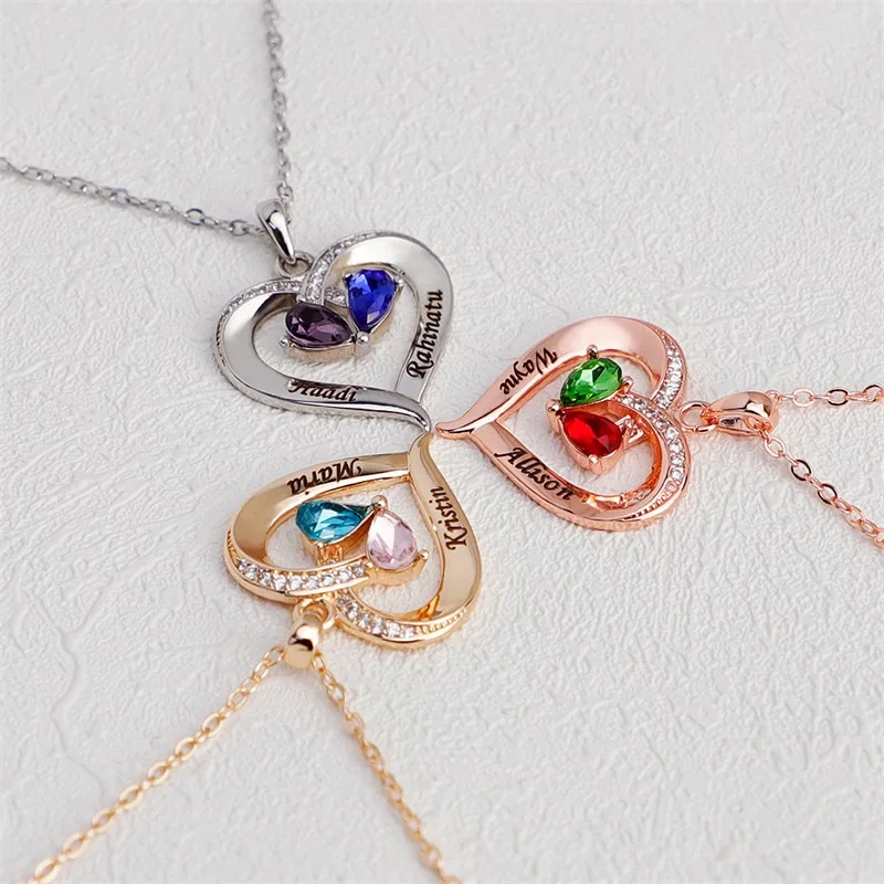 Personalized Name Birthstones Necklace Custom Name Heart Pendant with Engraved Names Necklace Anniversary Birthday Jewelry Gifts - Image 3