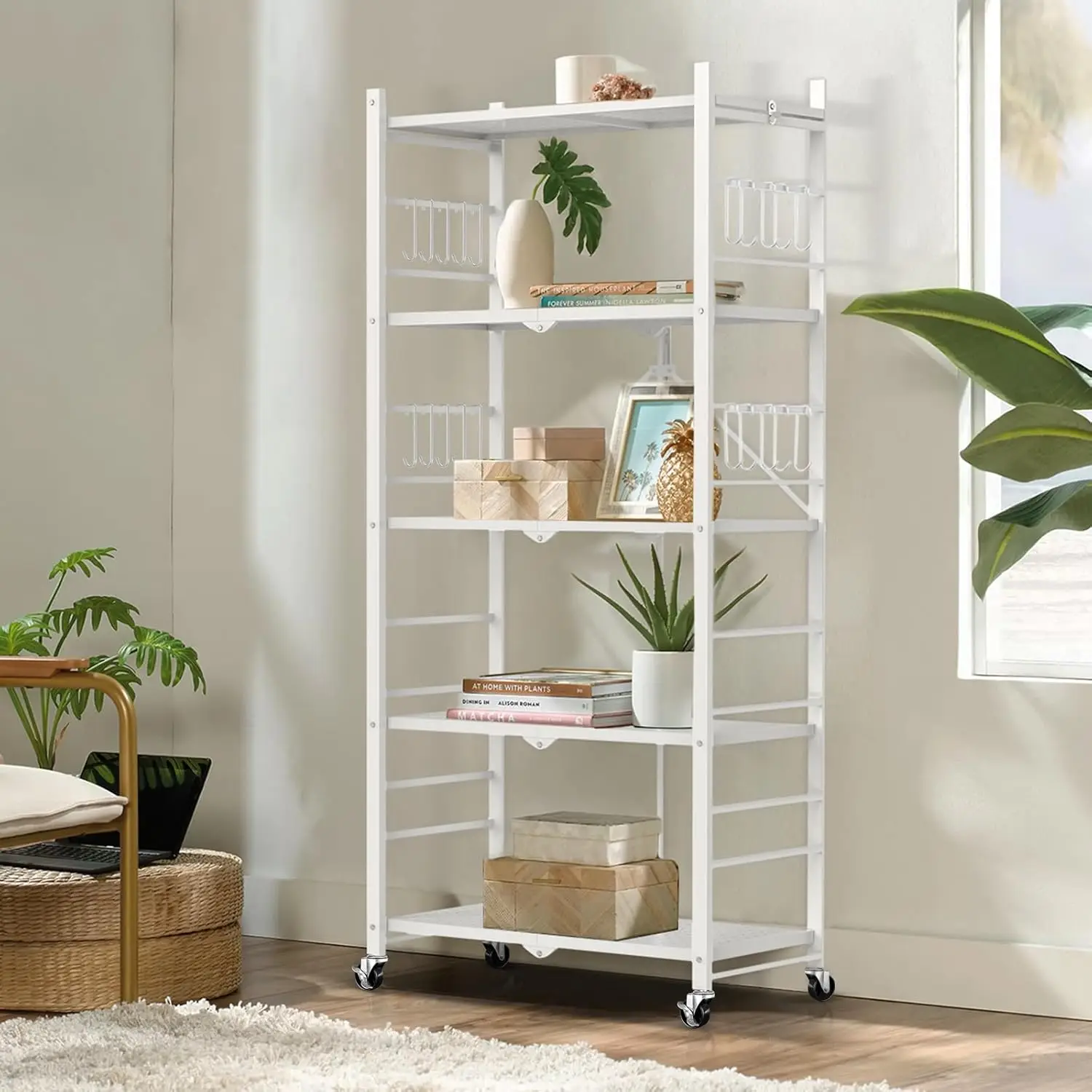 Storage Shelves with 20 Hooks, 5-Tier Foldable Shelves for Storage, Folding Shelf Unit Pantry Shelves with Wheels,Metal Shelving