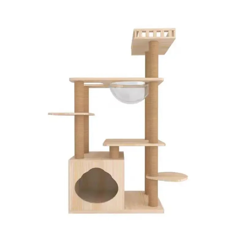 Space-saving wooden cat tree with built-in bed durable design, perfect for cats