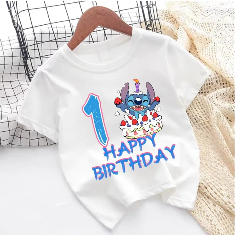 

Happy Birthday 1-10 Stitch Printed Children's Round Neck Short Sleeves Kawaii Street Clothing Round Neck Pure Cotton T-shirt
