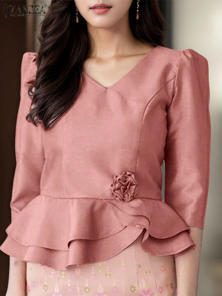 

ZANZEA Women Ruffled Hem Peplum Tops Elegant Fashion Spring V-Neck Blusas Fabric Flower Office Commute Satin 3/4 Sleeve Blouses