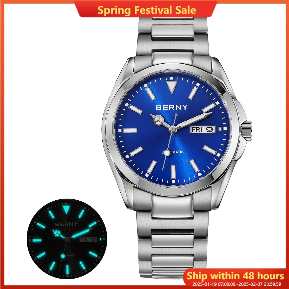 

BERNY Automatic Watches for Men Super Luminous Week Calendar Mechanical Wristwatch Sapphire NH36 Full Stainless Steel Mens Watch