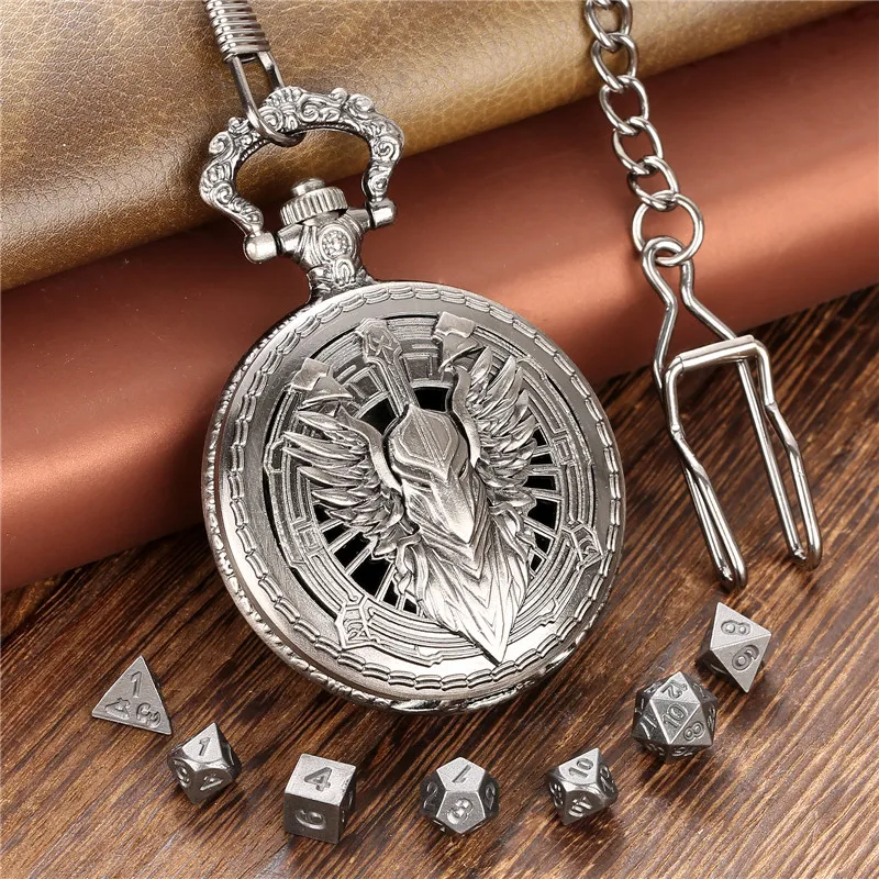 Steampunk 7pcs Metal Polyhedral Dice Dragon Role Play Gaming Dices with Knight Pocket Watch Case FOB Chain