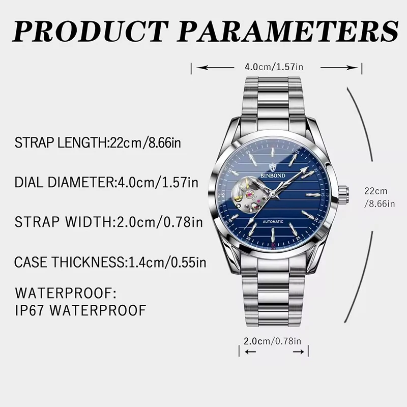 BINBOND Fashion High End Automatic Movement Men's Mechanical Watch Hollow Men's Watch Waterproof Business Watch Watches for Man view 6