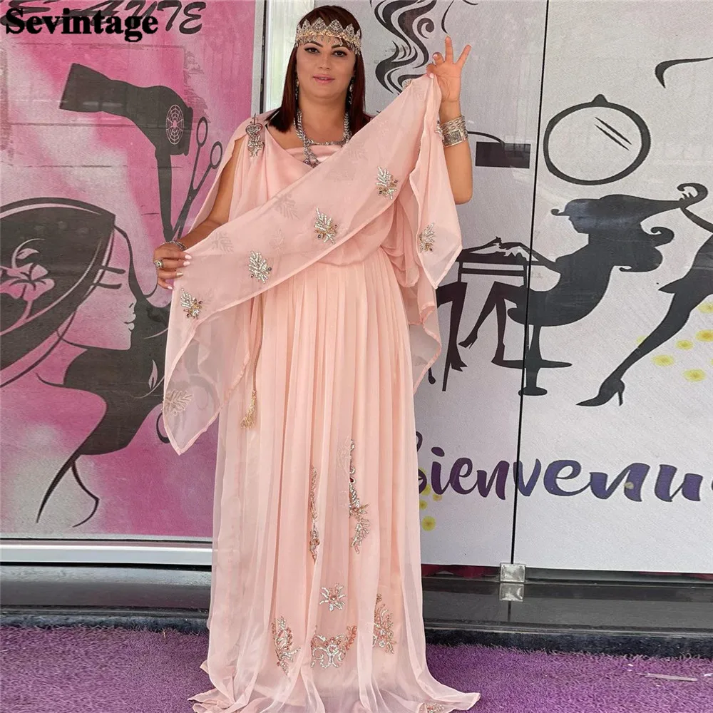 

Sevintage Baby Pink Prom Dress Chiffon A-Line Cape Sleeves Sequineds Formal Evening Dress Floor Length Kafeta Party Gowns 2024