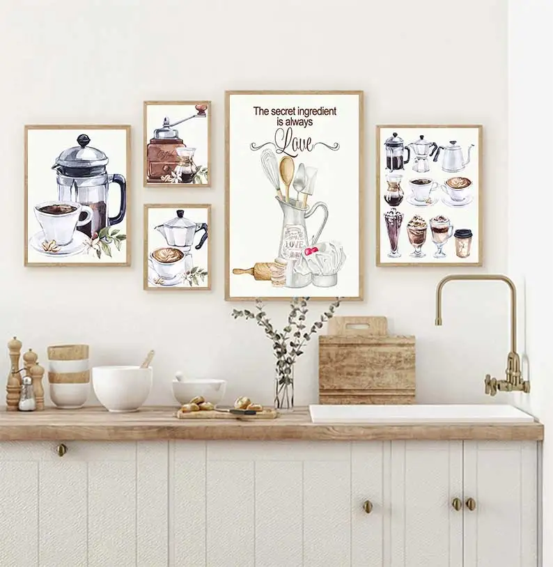 Ice Coffee Loves Kitchen Soft Canvas Painting Nordic Wall Newspapers and Printing Wall Images of Coffee Bar Decoration