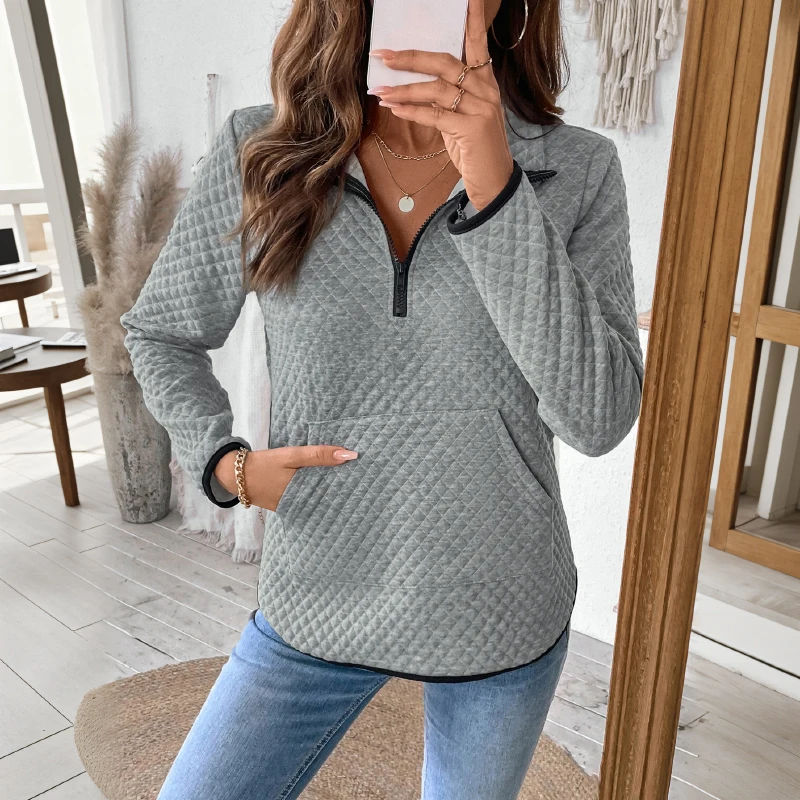 

Women's Gray Quilted Half-Zip Stand Collar Sweatshirt Autumn Winter Casual Pocket Long Sleeve Pullover Top