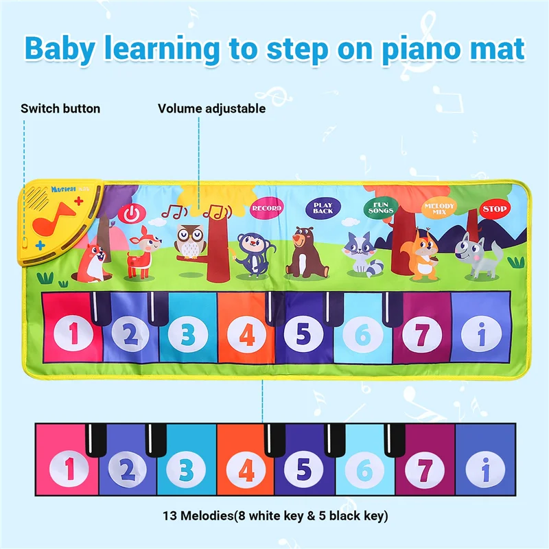 ABJA-Music Game Mat Musical Piano Mat For Kids Floor Keyboard Dance Mat With 8 Animal Sounds Baby Mat Study Educational Toys