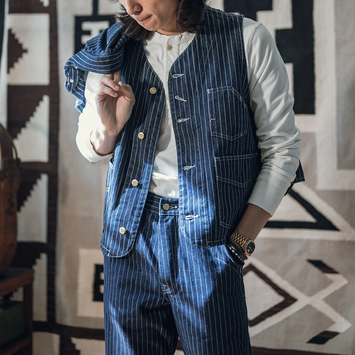 

930s Waba Футболка в горошек ket Железнодорожная спецодежда Жилет Ame a Casual Slim Fit Busin Повседневный жилет на одной пуговице