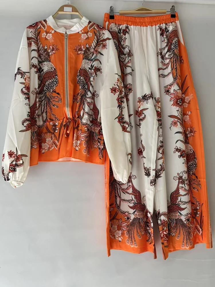 

Elegant and fashionable printed women's suit long sleeve zipper tie waist shirt+high waist wide leg trousers spring two-piece su