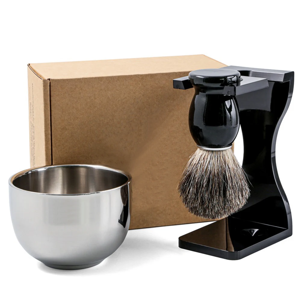 Men Shaving Brush Set Beard Brush,Badger Hair Wood Handle 20mm,Acrylic Razor & Brush Stand,Stainless Steel Shaving Soap Bowl Kit