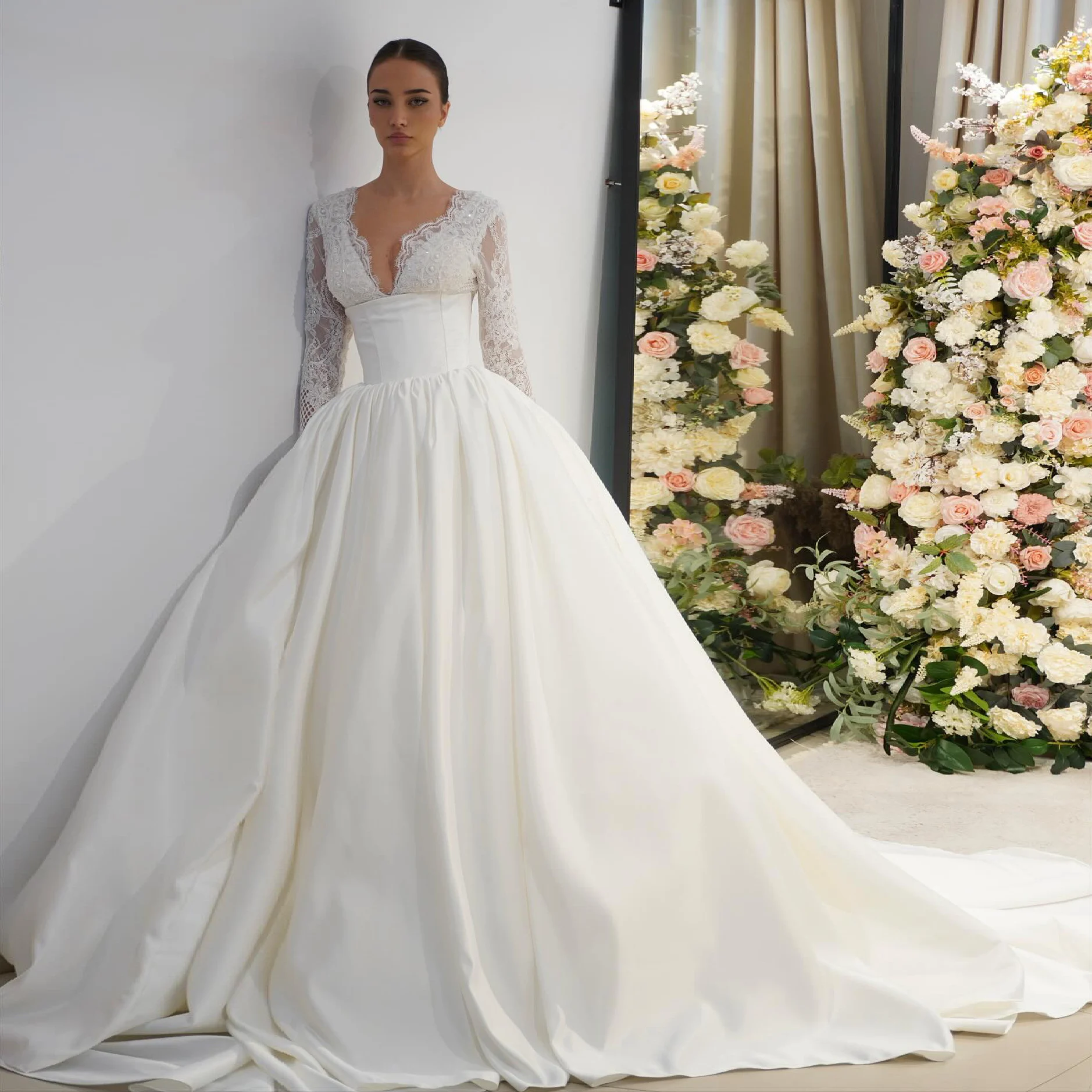 

Sharon Said Luxury Ball Gown Lace Long Sleeves V Neck Beaded Satin Wedding Dress Bridal Gowns SW547 Customized