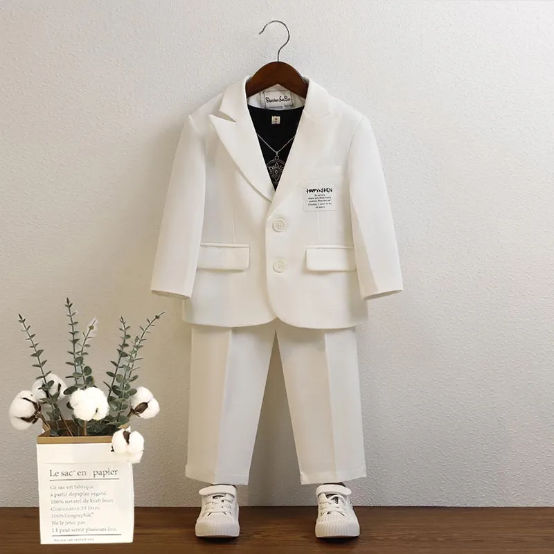 Boys White Suit Handsome Children Wedding Blazer Set School Host Piano Performance Costume Toddler Birthday Photography Outfits