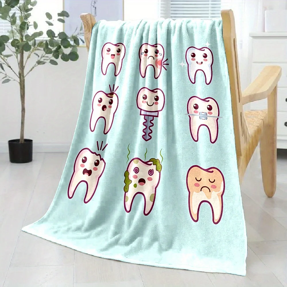 Cute Tooth Cartoon Throw Blanket, Fun Dental Care Design, Kids & Family Home Decor for Bedroom & Living Room