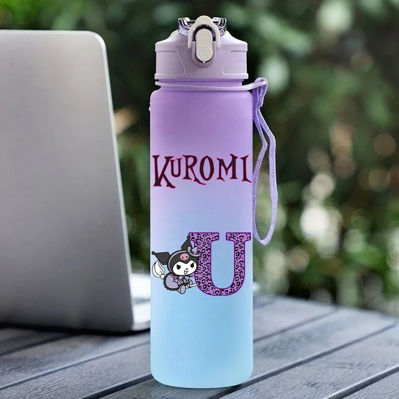 Kuromi Water Bottle with Straw Girl Cute Letter A-Z Travel Sippy Cup Kids Outdoor Sports School 750ml Mug Children Birthday Gift