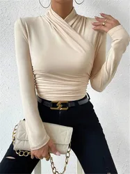 Women's Fall Long Sleeve Tops Fashion Casual Cross Crew Neck Slim T Shirts Chic Commuting Tight Long Sleeve T-Shirts 2024 Blusas