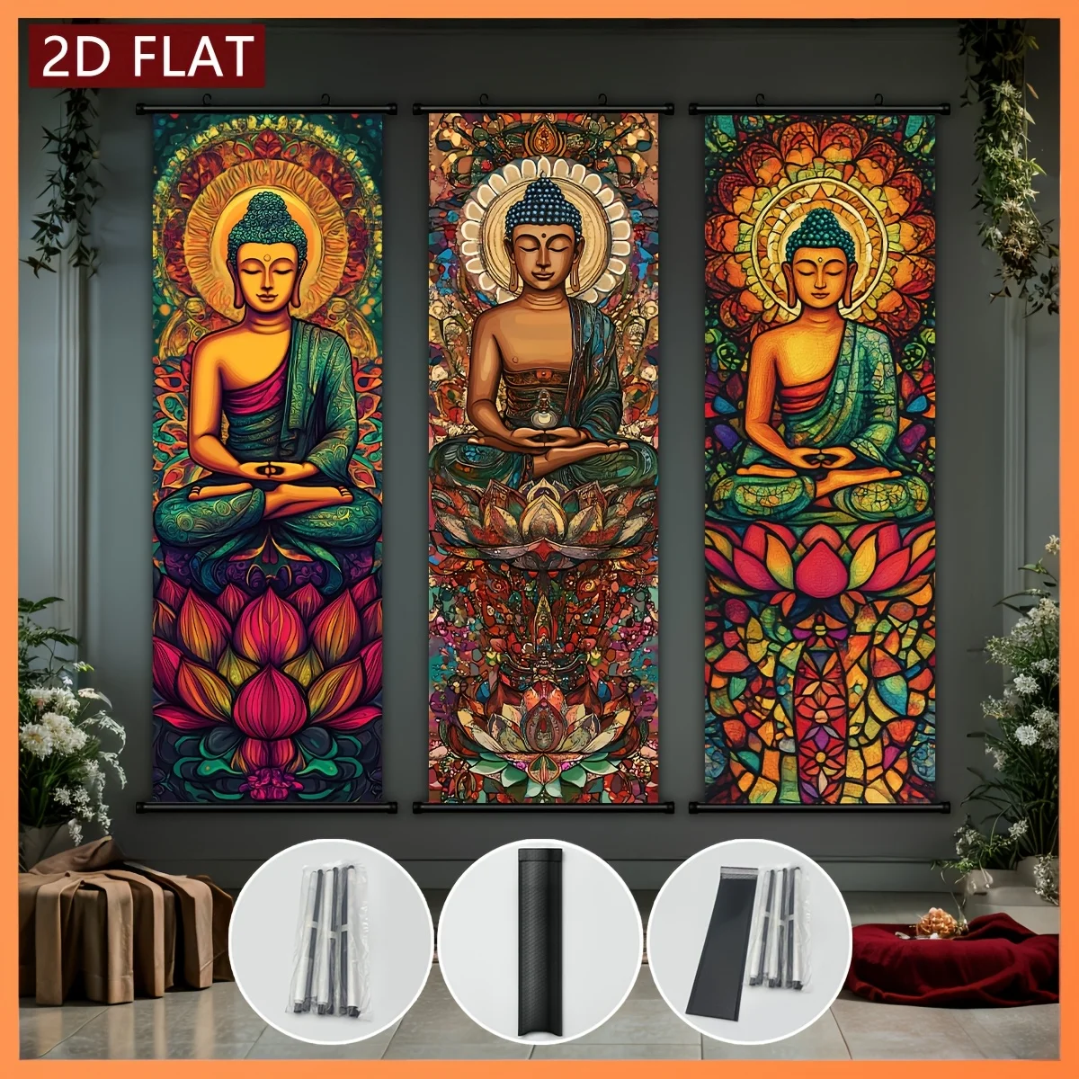 Colorful Mosaic Buddha Lotus Seat Scroll Tapestry High Definition Non Fading Wall Hanging Scroll Painting Room Decoration