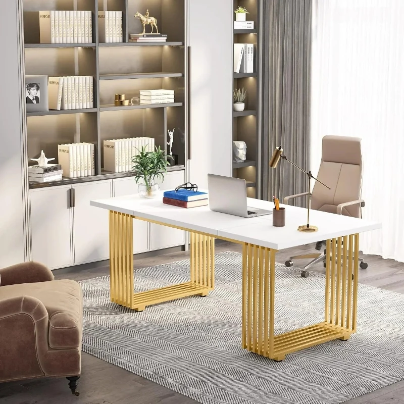 

70.9" White Office Desk, Modern Executive Desk with Gold Metal Legs, Large Home Office Desks, Wood Computer Desk