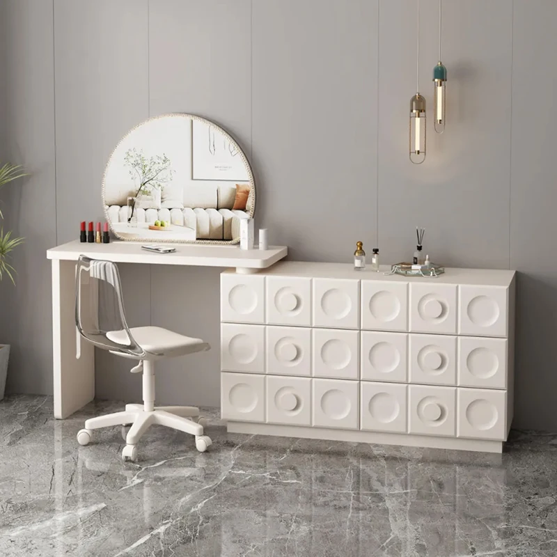 dl- Bedroom Furniture Dressing Table Round Lighted Mirror Vanity Desk With Hidden Storage Countertop Light and Rotating Chair&