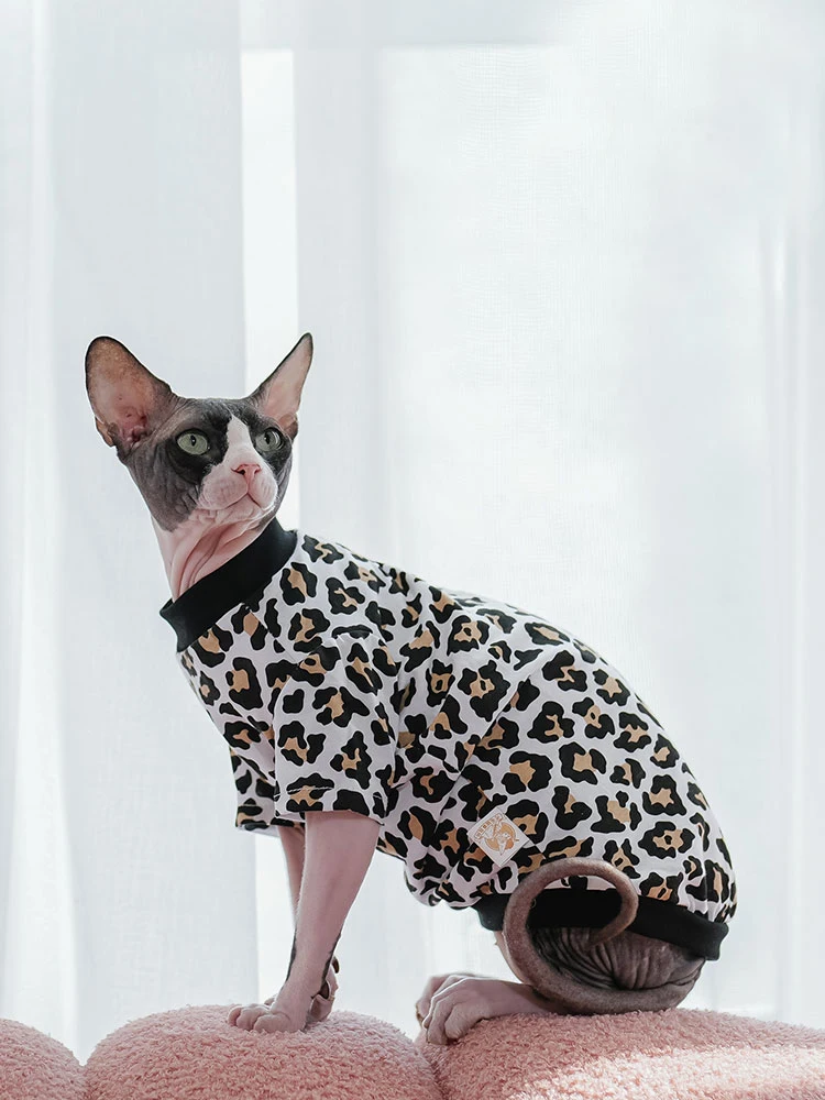 Cat Clothing Soft Kitten Sweater for Sphynx Cat Leopard Cotton Coat Hat Costume Long Sleeves Sweatshirt for Devon Rex Loungewear