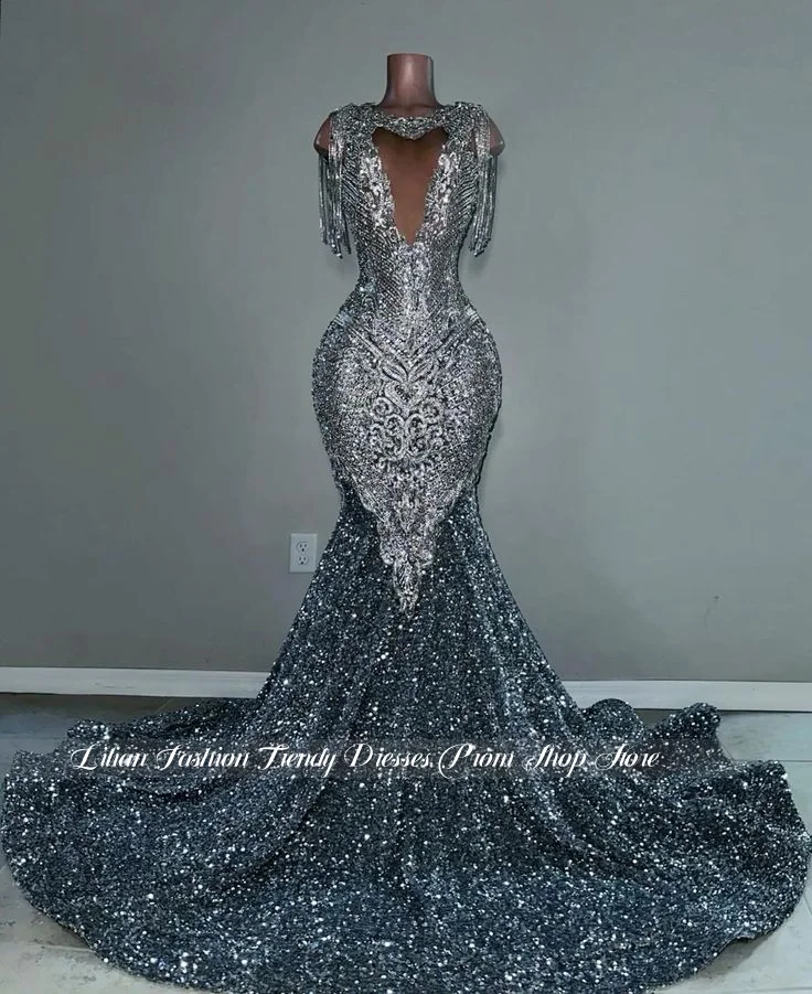 Custom Silver Glamorous Wedding Dress Shimmering Beaded Appliqué Mermaid Bridal Gown Black Girl Birthday Dress Engagement Dress